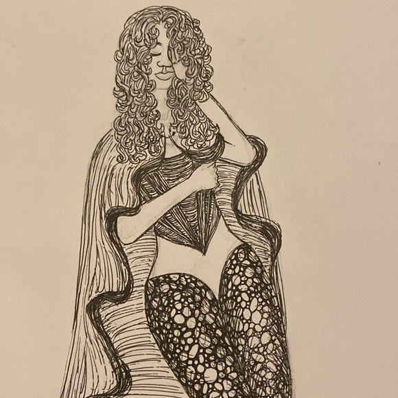 Unframed Original Art Drawing Figure Fashion Portrait Gown & Cape in Ink - Picture 3 of 4